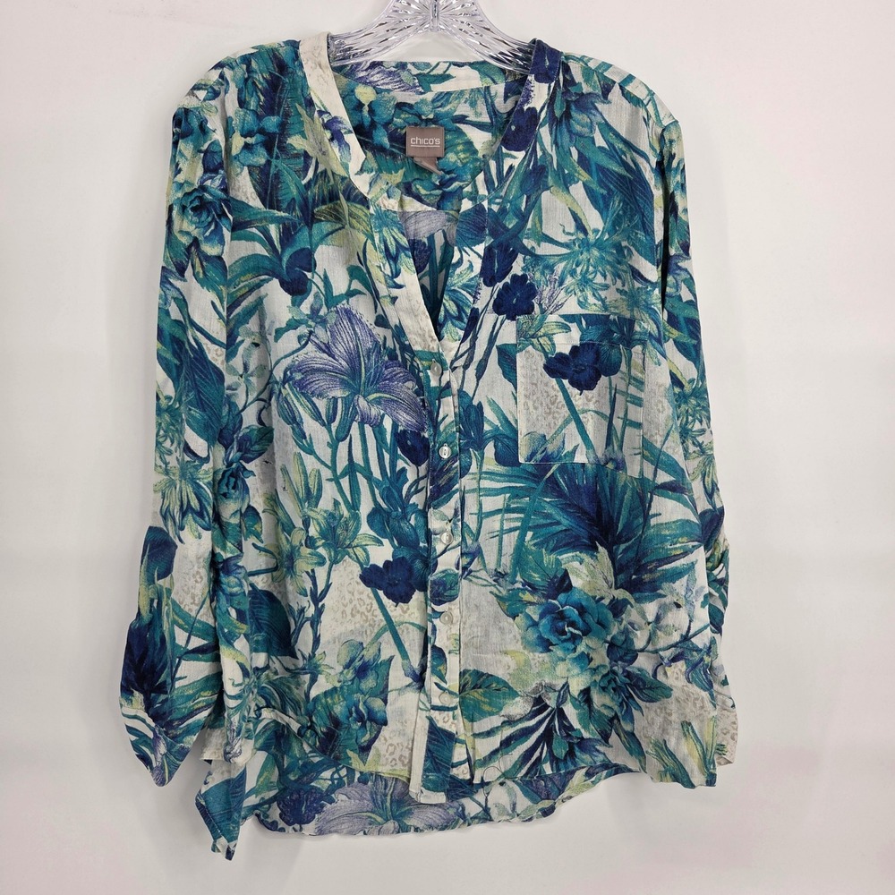 Chico's Button Down Shirt 3 XL Blue Floral Cotton Tropical Coastal Boho Blouse